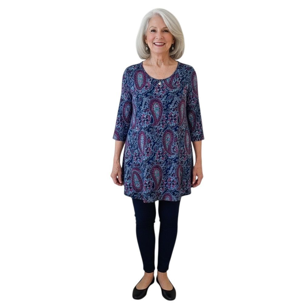 Chico's The Ultimate Tee 3/4 Sleeves Blue Paisley Tunic Top
